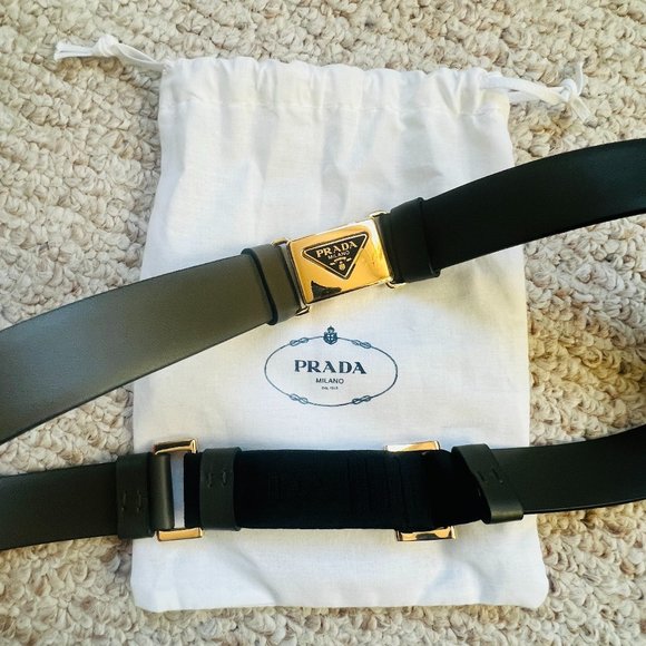 FREE SHIP Auth PRADA Olive / Military Green Leather Belt with Gold Logo Buckle - Picture 1 of 5